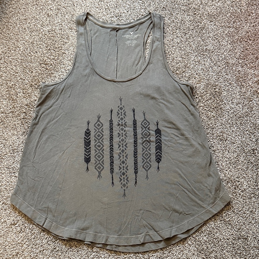 American Eagle Outfitters Army Green Tank Top with Black Pattern